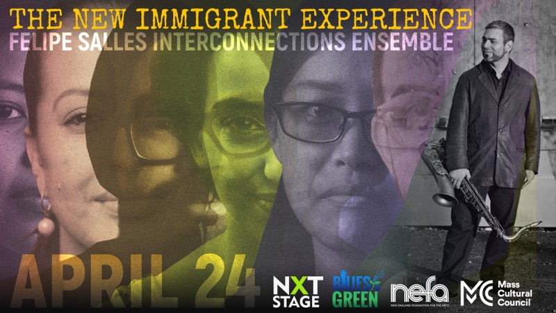 Title card for Felipe Salles' The New Immigrant Experience, with layered portraits of musicians.