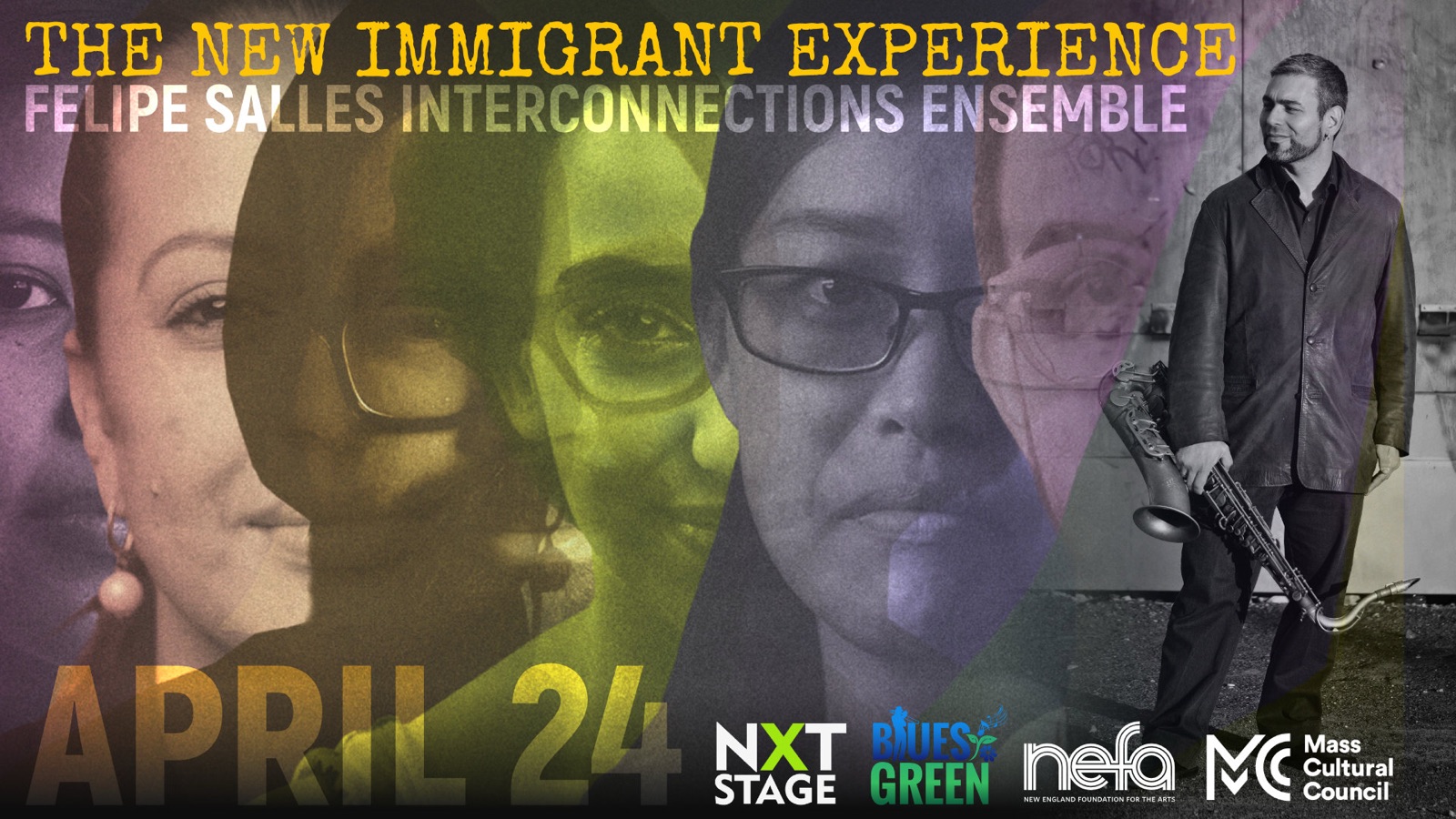 Title card for Felipe Salles' The New Immigrant Experience, with layered portraits of musicians.