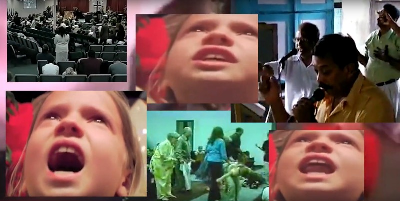 Collage still from Speaking in Tongues: open-mouthed faces mid-worship.